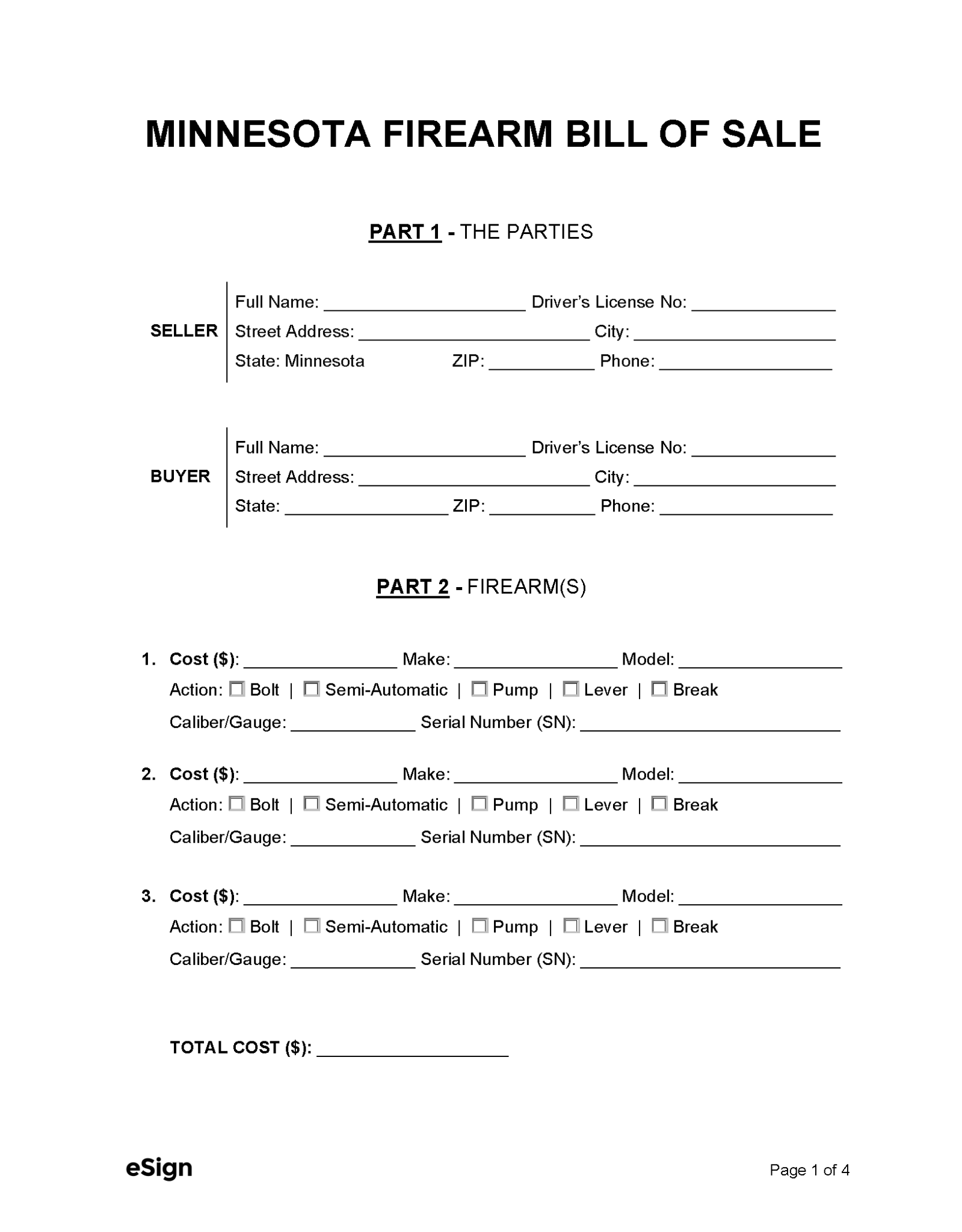 Free Minnesota Firearm Bill of Sale Form PDF Word