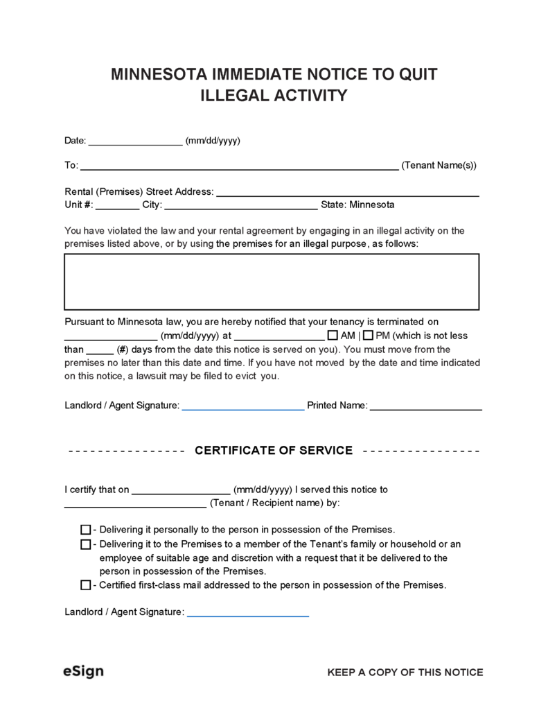 Free Minnesota Immediate Notice to Quit Illegal Activity PDF Word