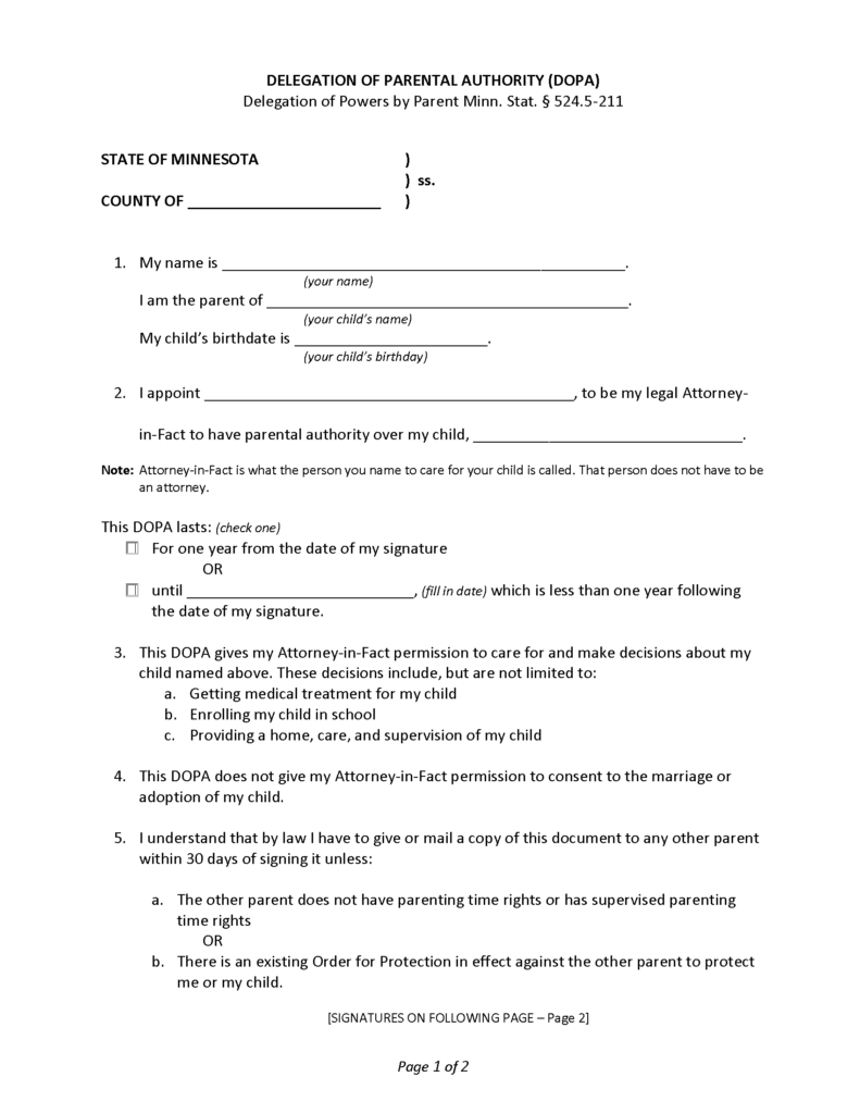 Free Minnesota Minor (Child) Power of Attorney Form | PDF