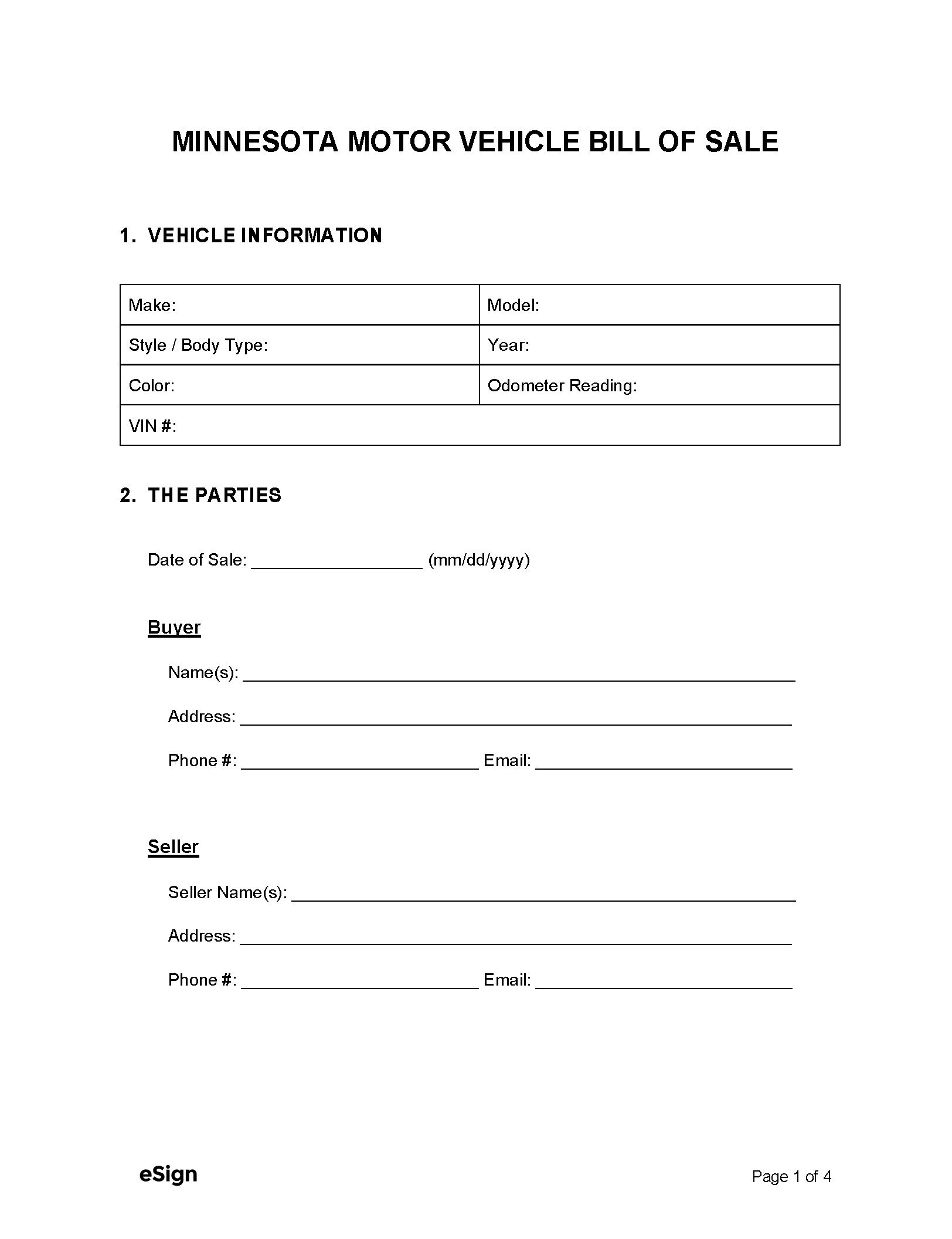 Free Minnesota Motor Vehicle Bill of Sale Form PDF Word