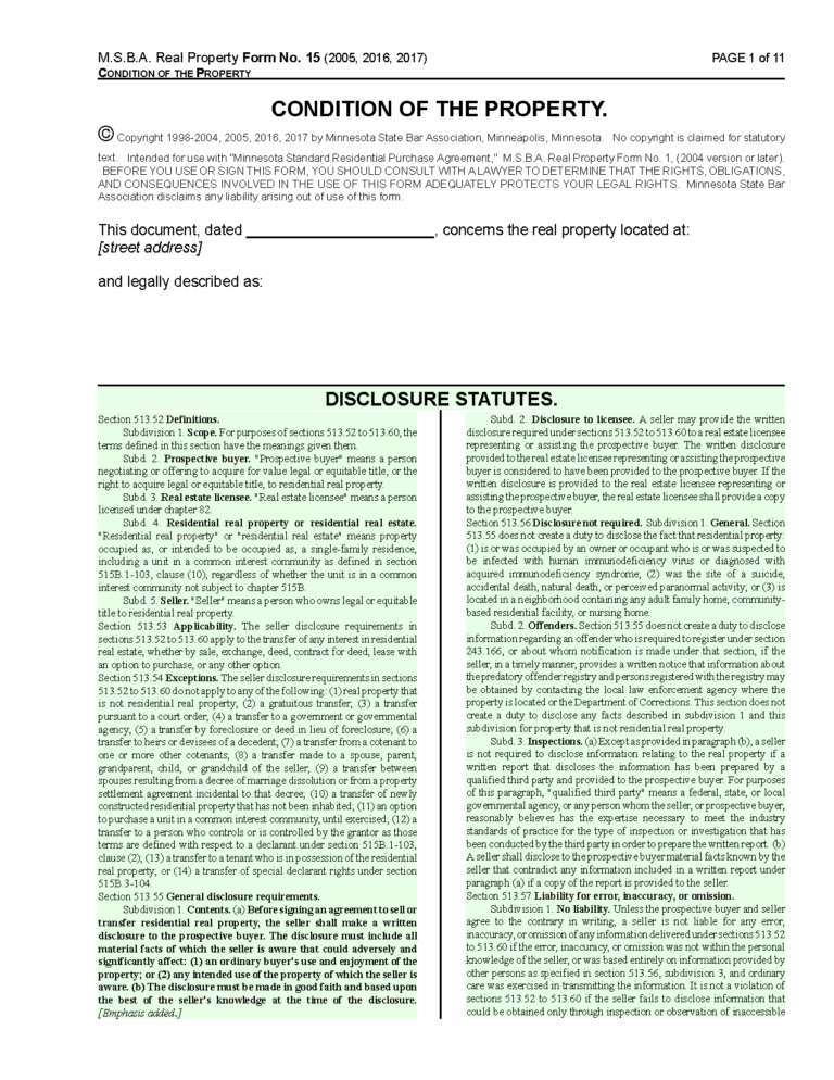 Free Minnesota Property Disclosure Statement PDF