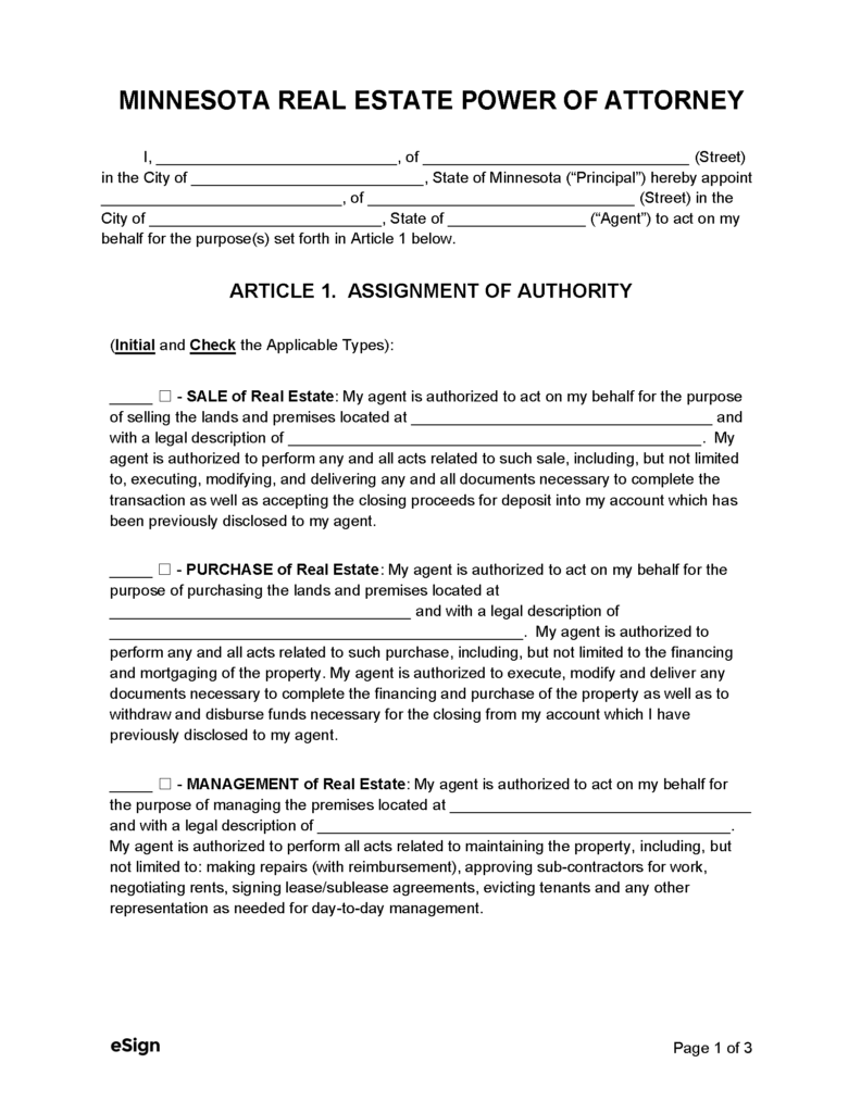Free Minnesota Real Estate Power of Attorney Form PDF Word