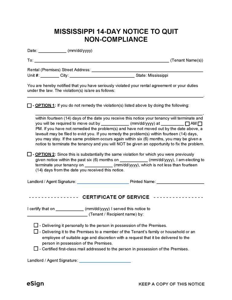 Free Mississippi 14-Day Notice to Quit | Non-Compliance | PDF | Word