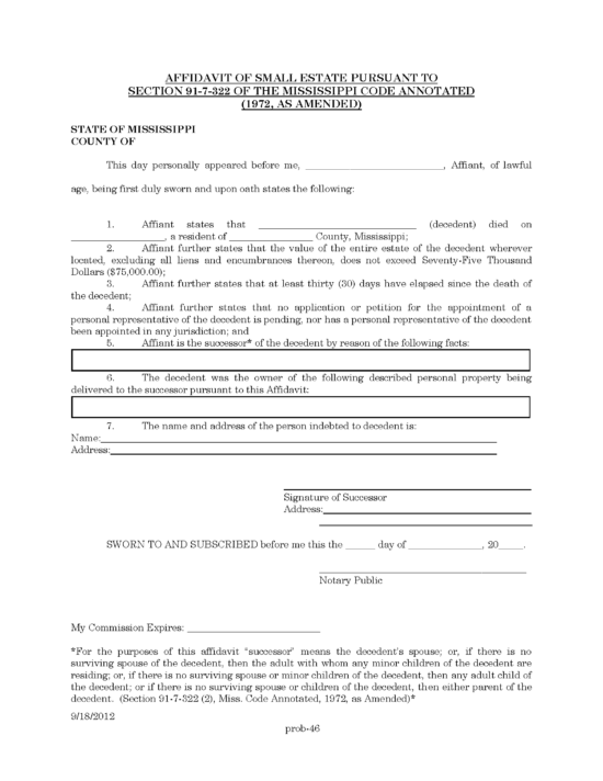 Free Mississippi Small Estate Affidavit Form | PDF