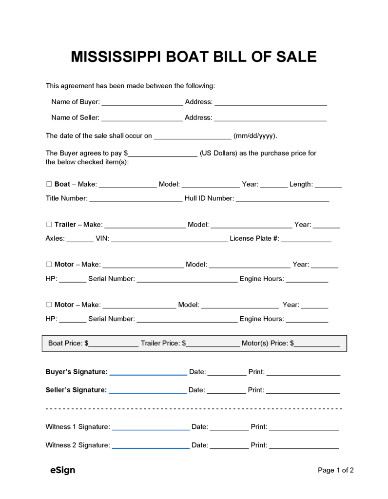 Free Mississippi Boat Bill of Sale Form | PDF | Word