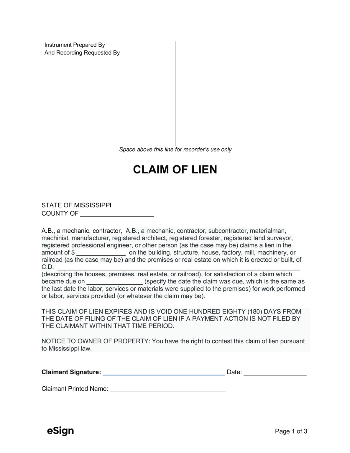 Free Mississippi Mechanic's Lien Form PDF Word