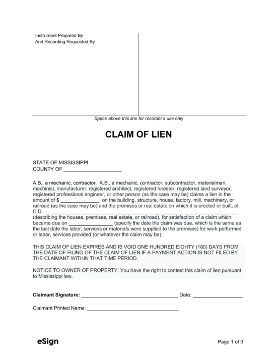 Free Mississippi Mechanic's Lien Form PDF Word