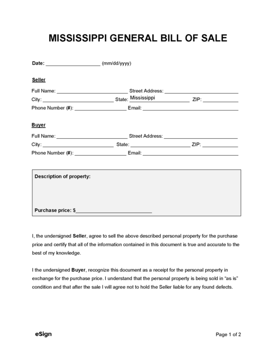 Free Mississippi General Bill of Sale Form - PDF | Word