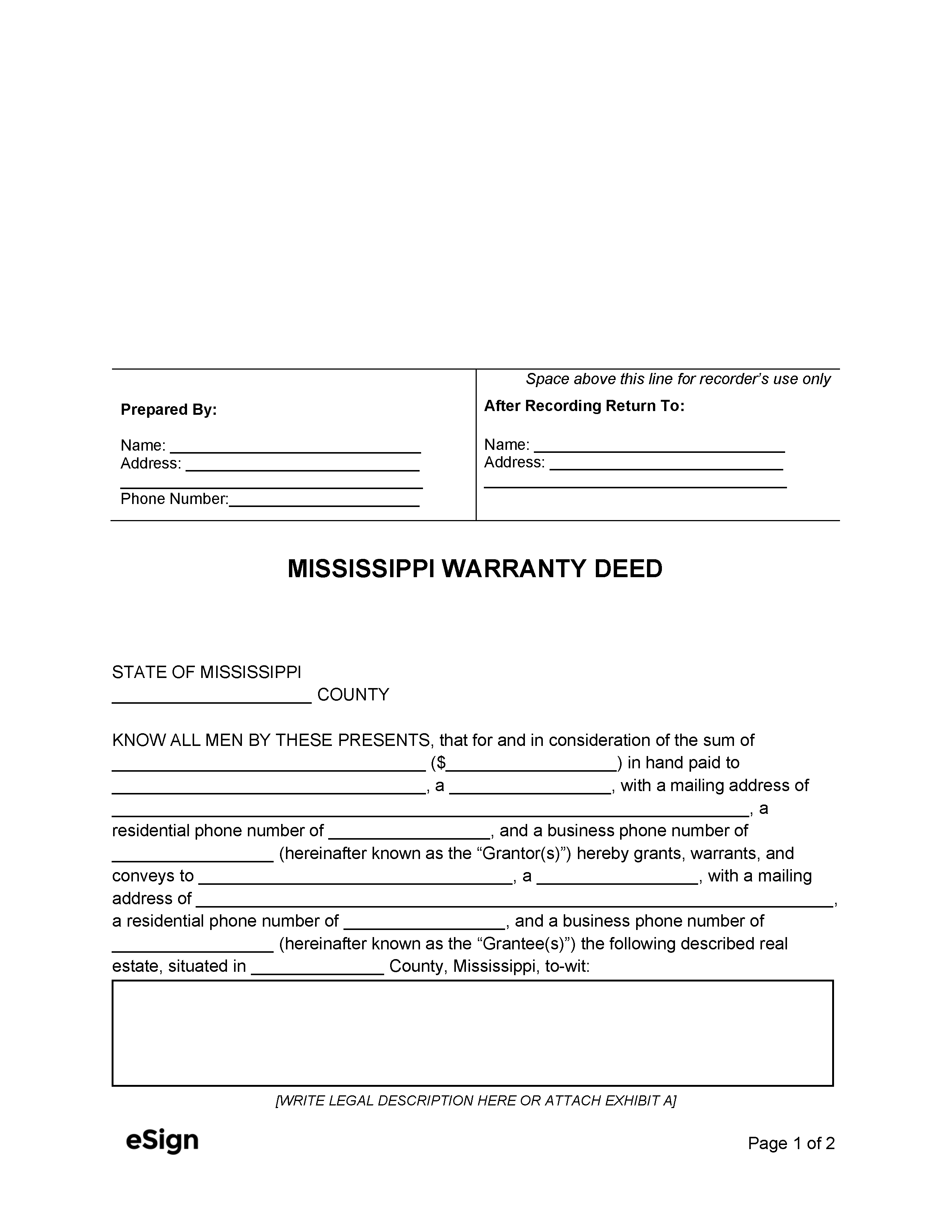 Free Mississippi General Warranty Deed Form | PDF | Word