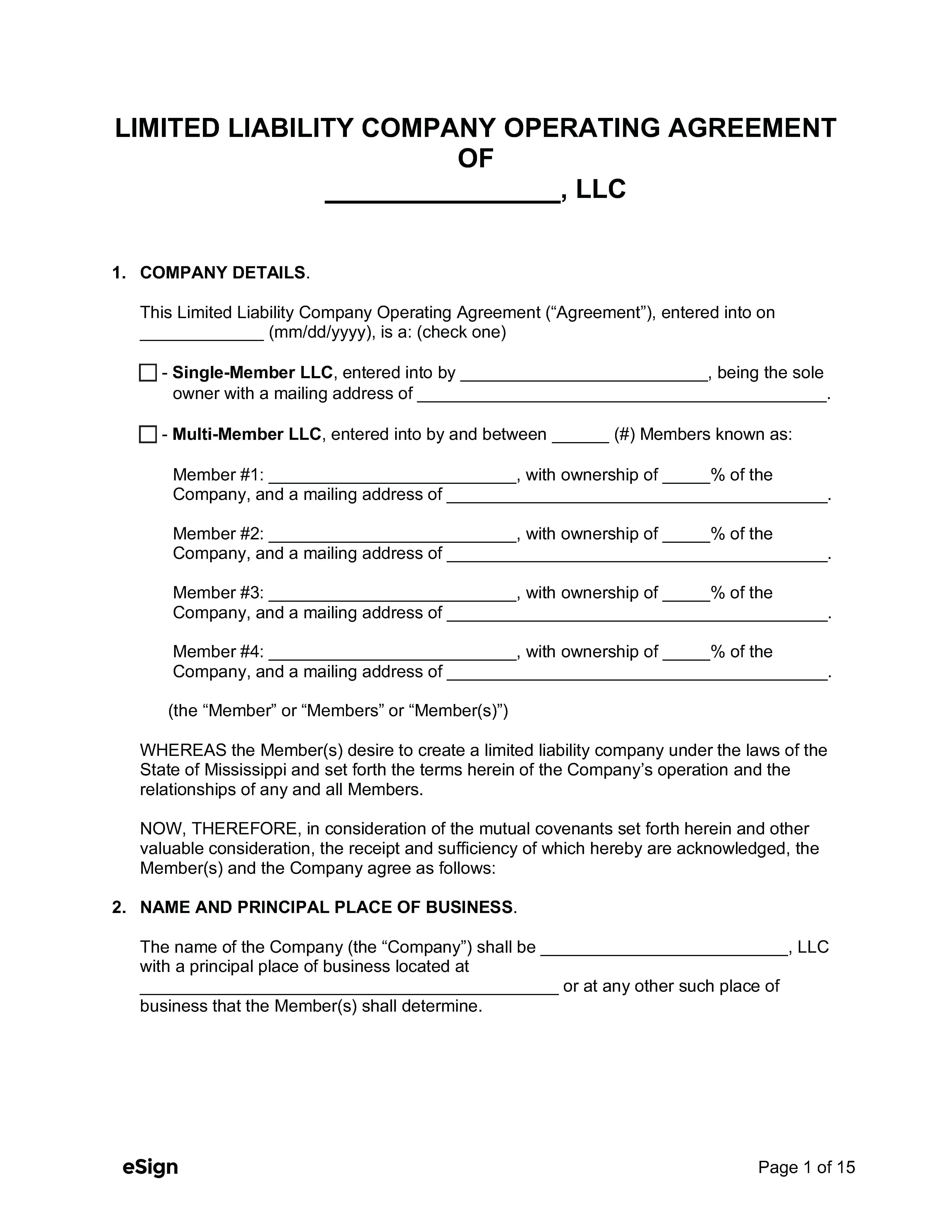 LLC Operating Agreement Mississippi