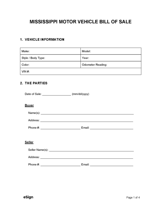 Free Mississippi Bill Of Sale Forms PDF Word   Mississippi Motor Vehicle Bill Of Sale 550x715 