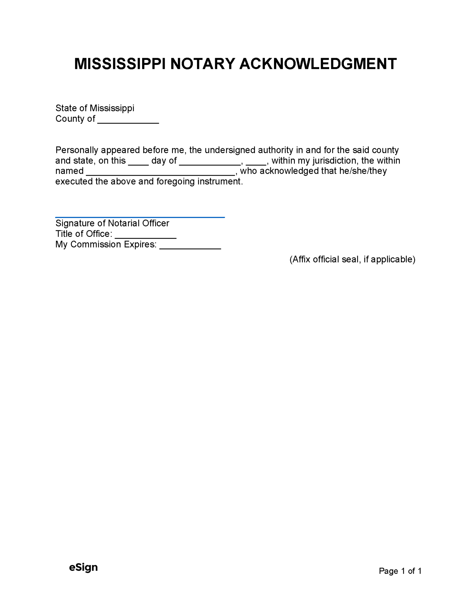 Free Mississippi Notary Acknowledgment Form Pdf Word