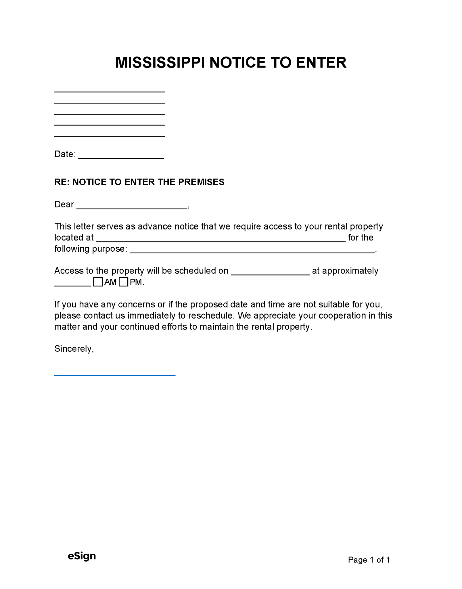 Free Mississippi Landlord Notice to Enter | PDF | Word