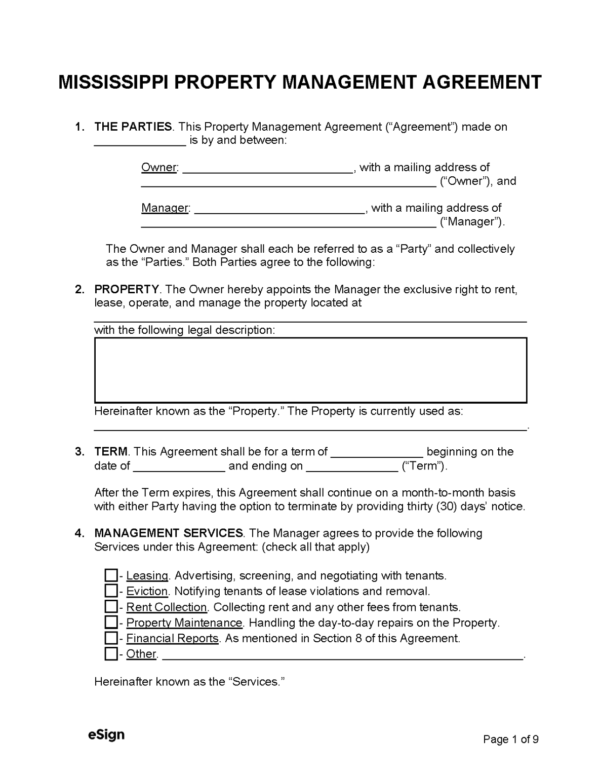 Free Mississippi Property Management Agreement PDF Word