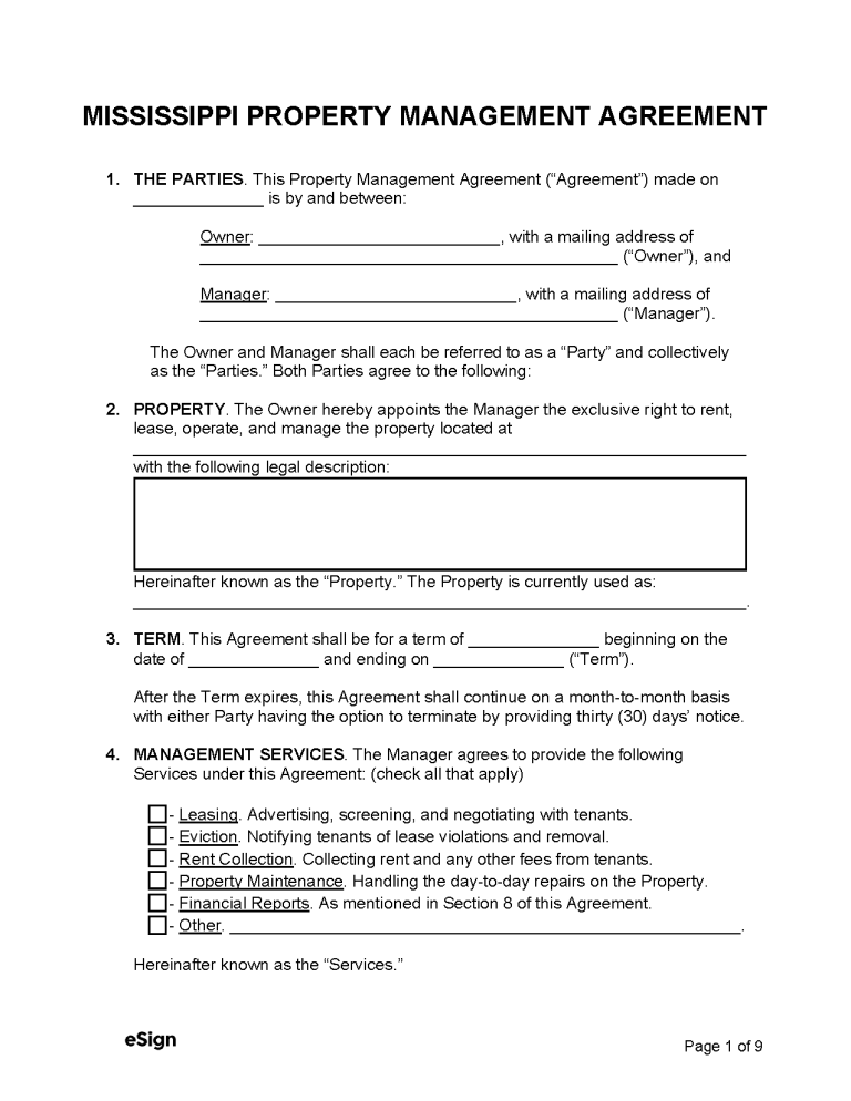 Free Mississippi Property Management Agreement PDF Word