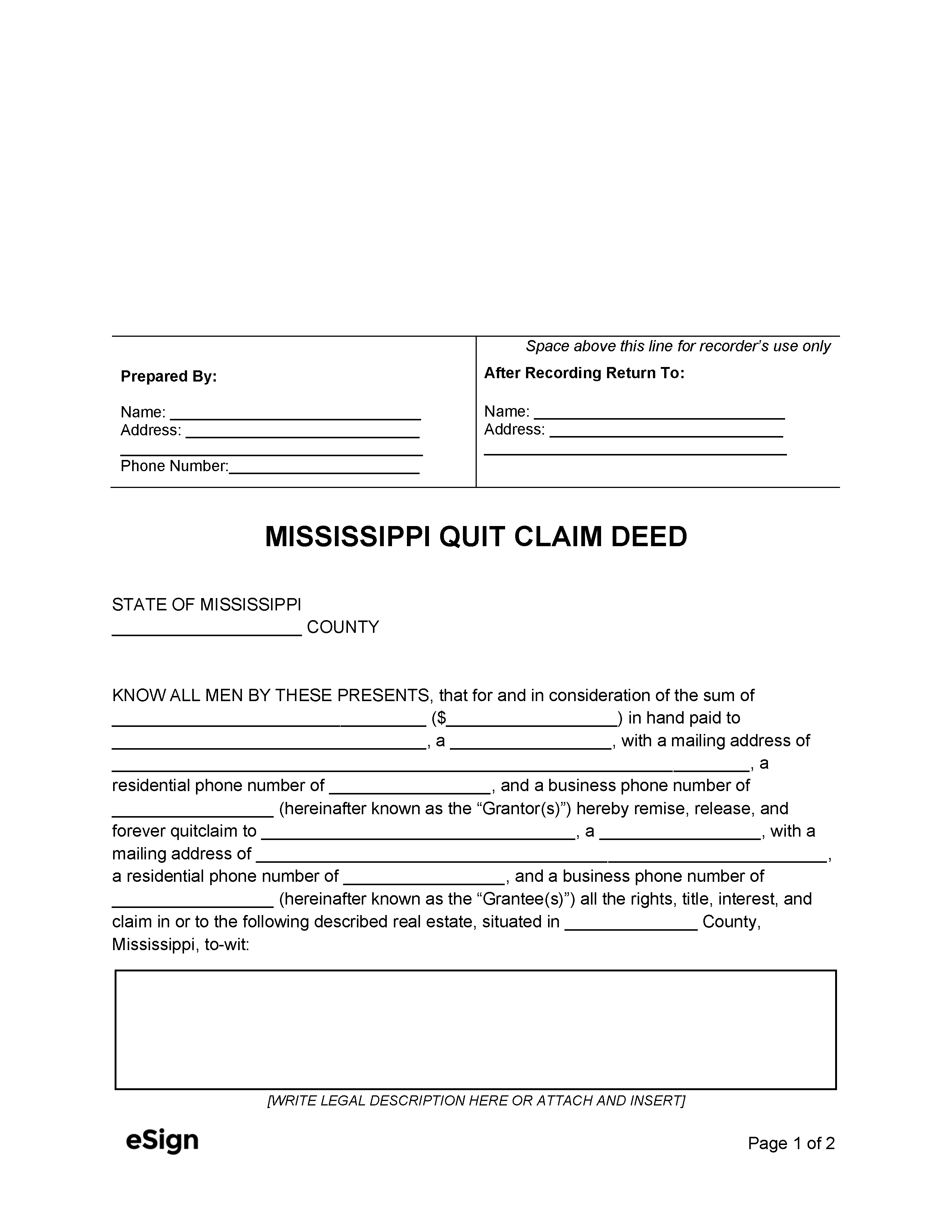 Free Mississippi Quit Claim Deed Form PDF Word