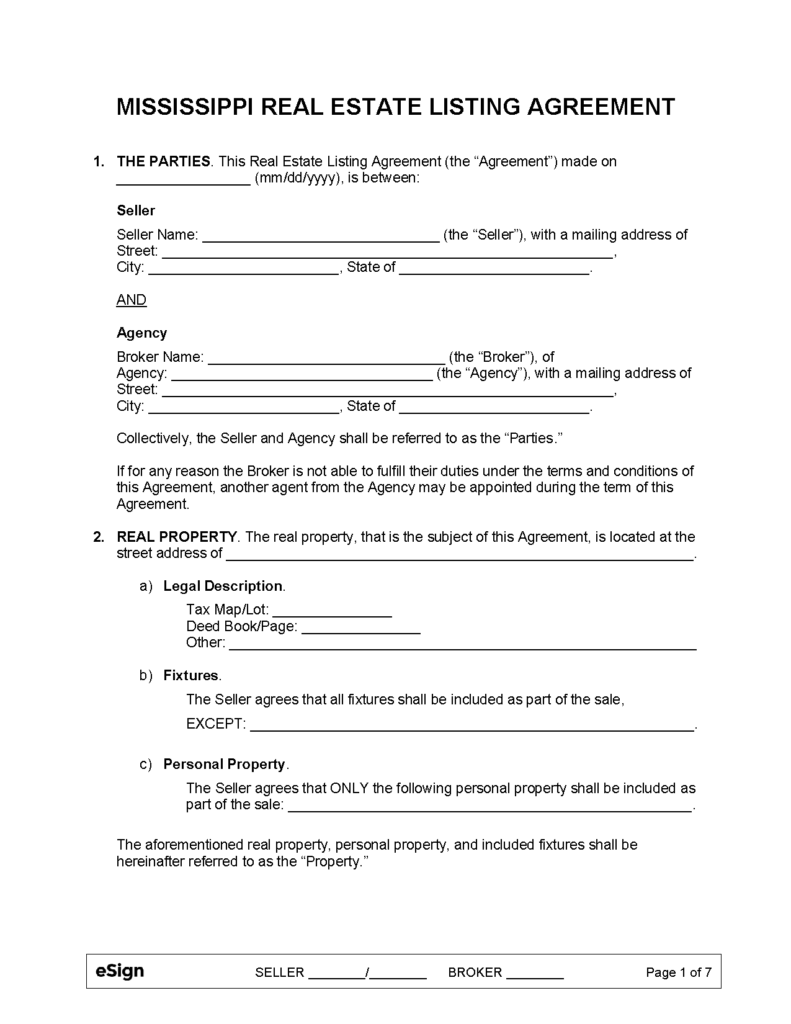Free Mississippi Real Estate Listing Agreement PDF Word