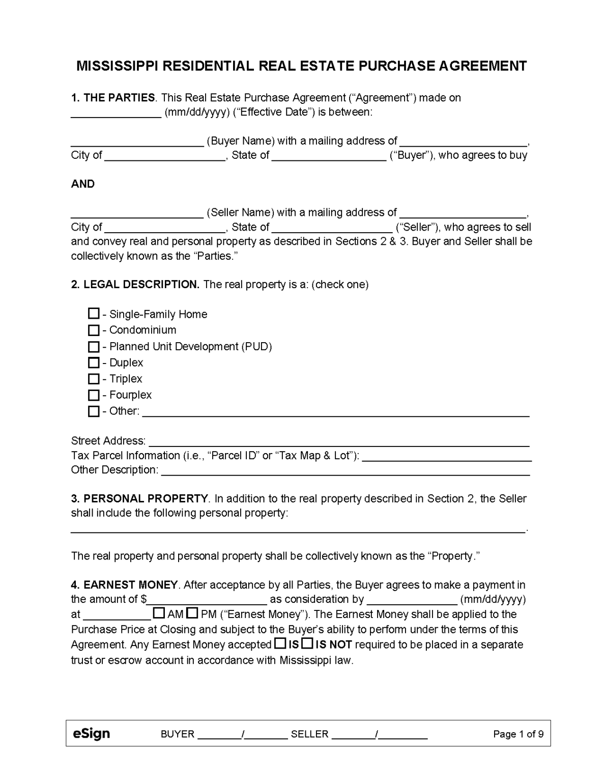 Free Mississippi Residential Purchase And Sale Agreement | PDF | Word