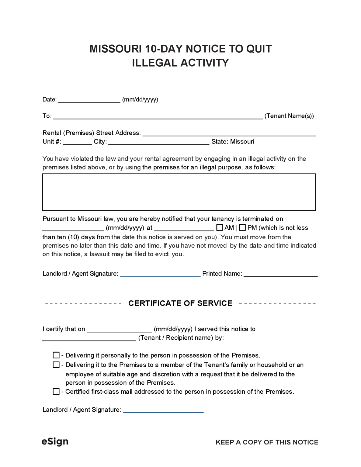 Free Missouri 10-Day Notice to Quit | Illegal Activty | PDF | Word