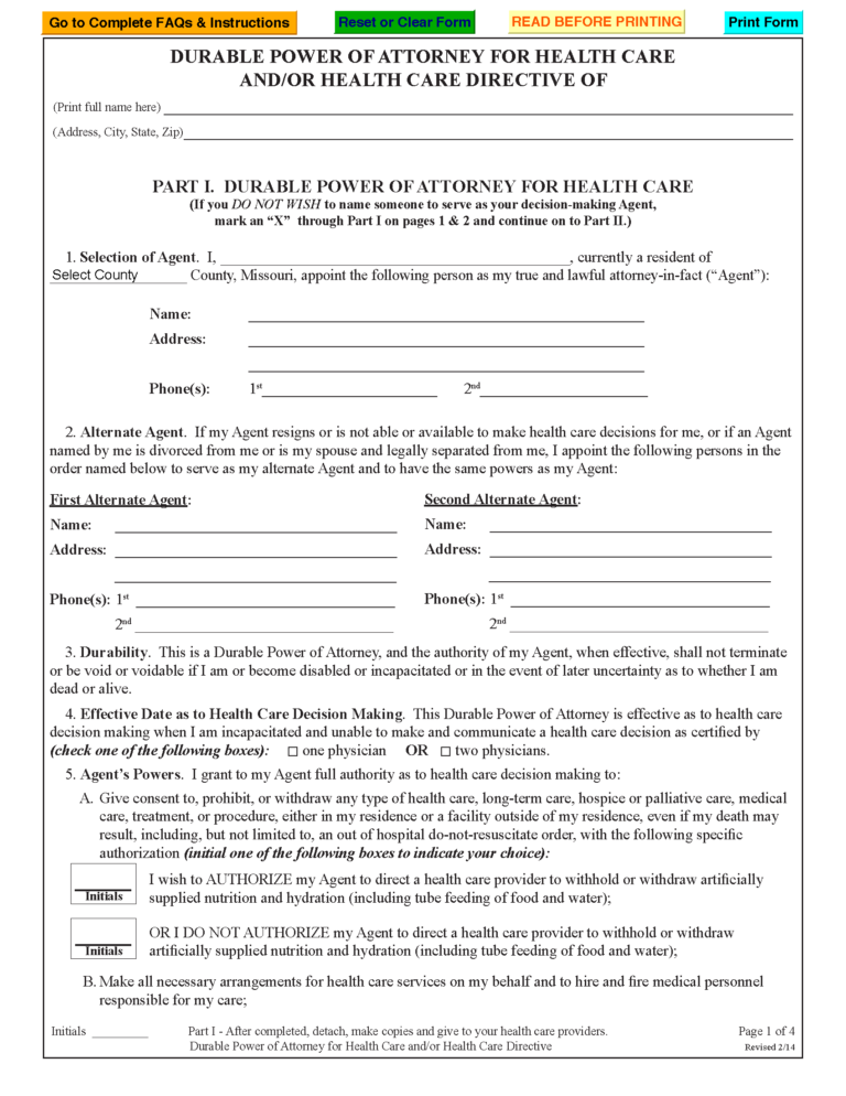 Free Missouri Advance Directive Form PDF