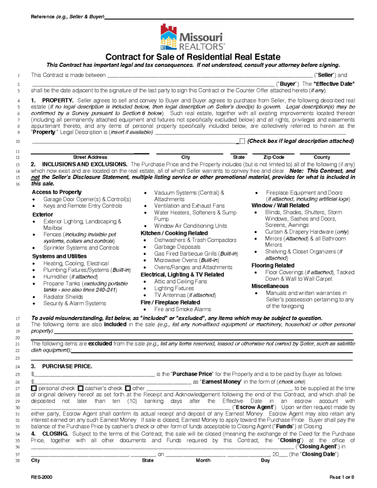 Free Missouri Residential Purchase and Sale Agreement PDF Word
