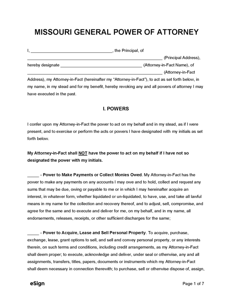 Free Missouri General Power of Attorney Form PDF Word