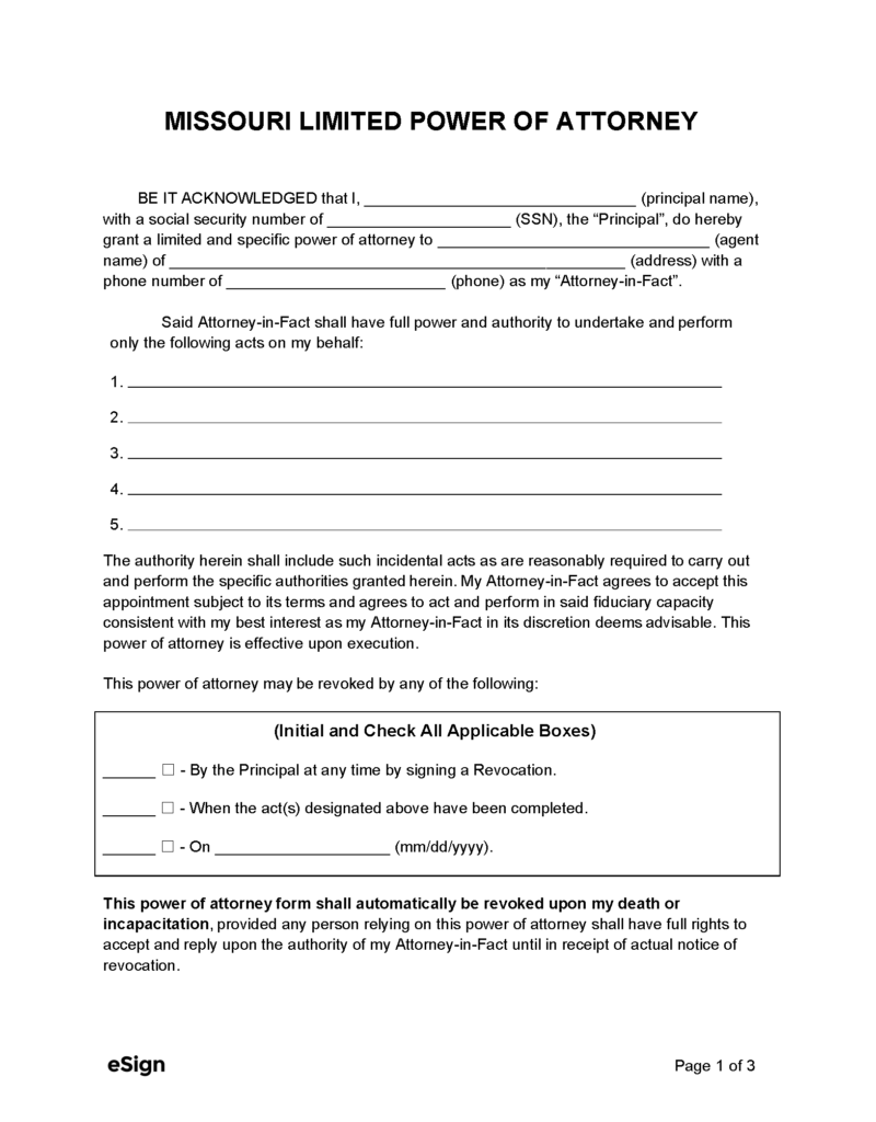 Free Missouri Limited Power of Attorney Form | PDF | Word