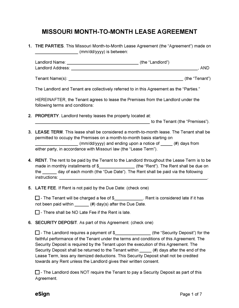 Free Missouri Month-to-Month Lease Agreement Template | PDF | Word