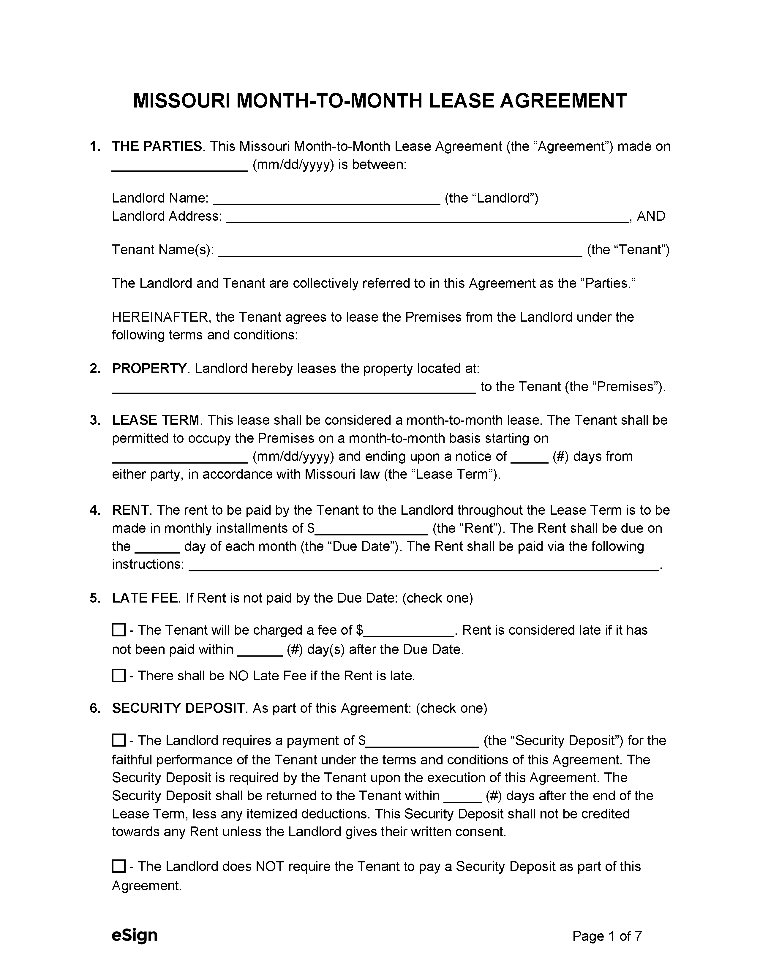 Free Missouri MonthtoMonth Lease Agreement PDF Word