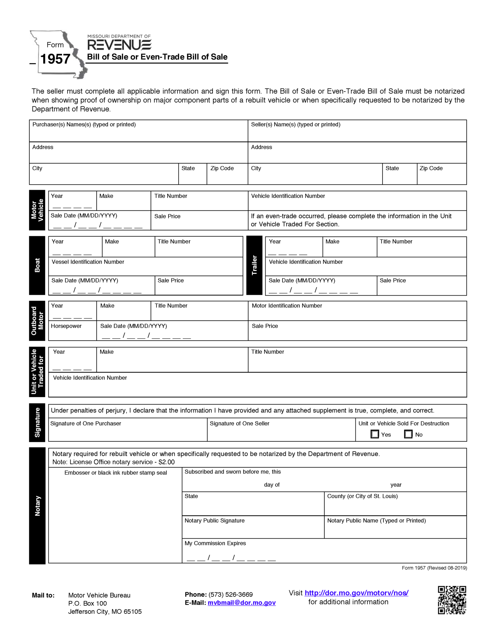 Free Missouri Motor Vehicle Bill of Sale Form PDF Word