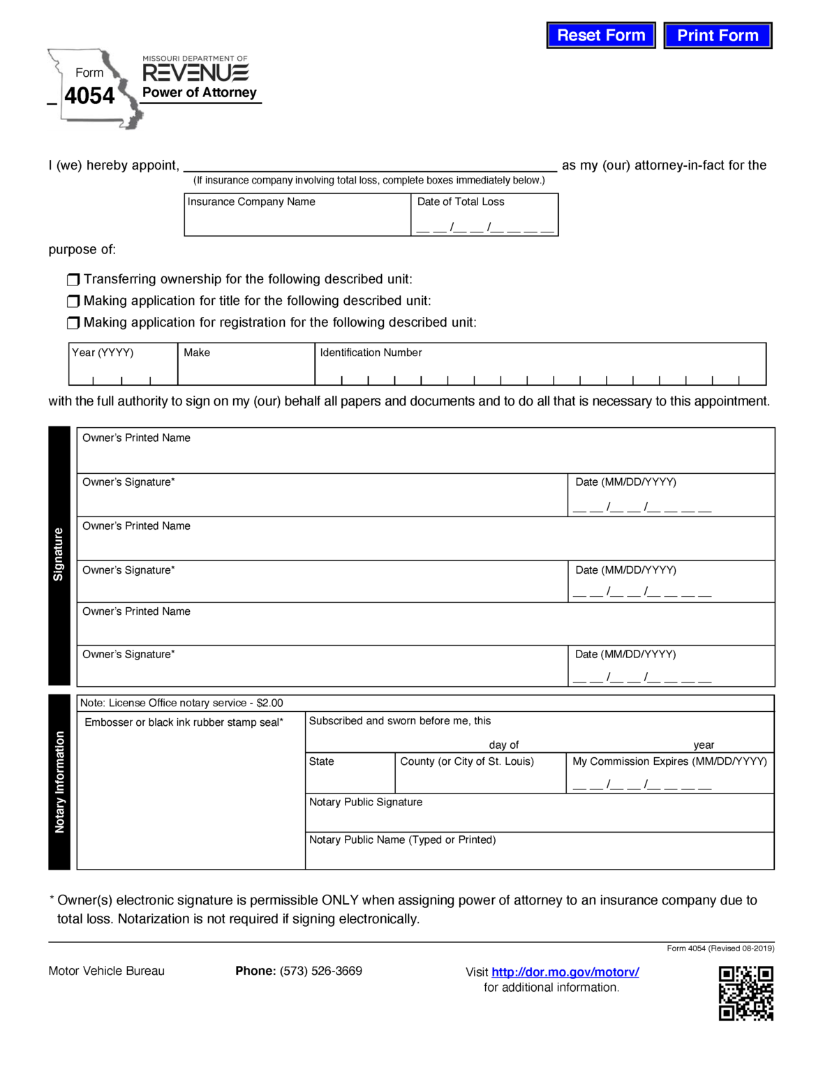 Free Missouri Motor Vehicle Power of Attorney (Form 4054) PDF