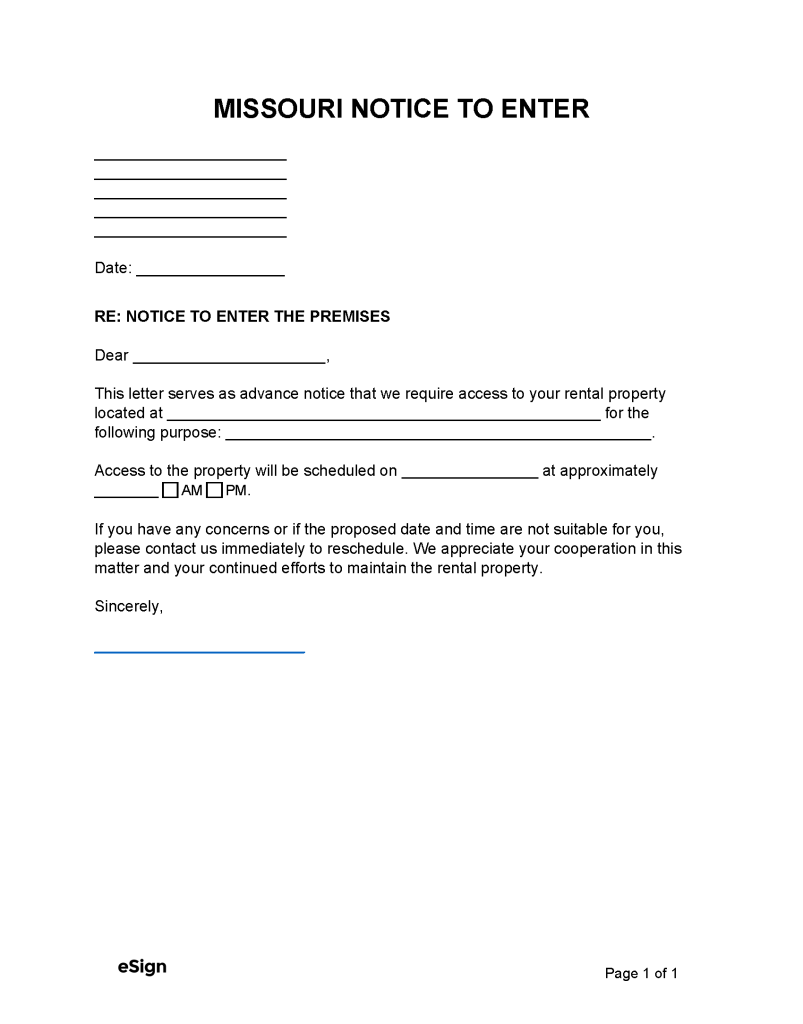 Free Missouri Landlord Notice To Enter 