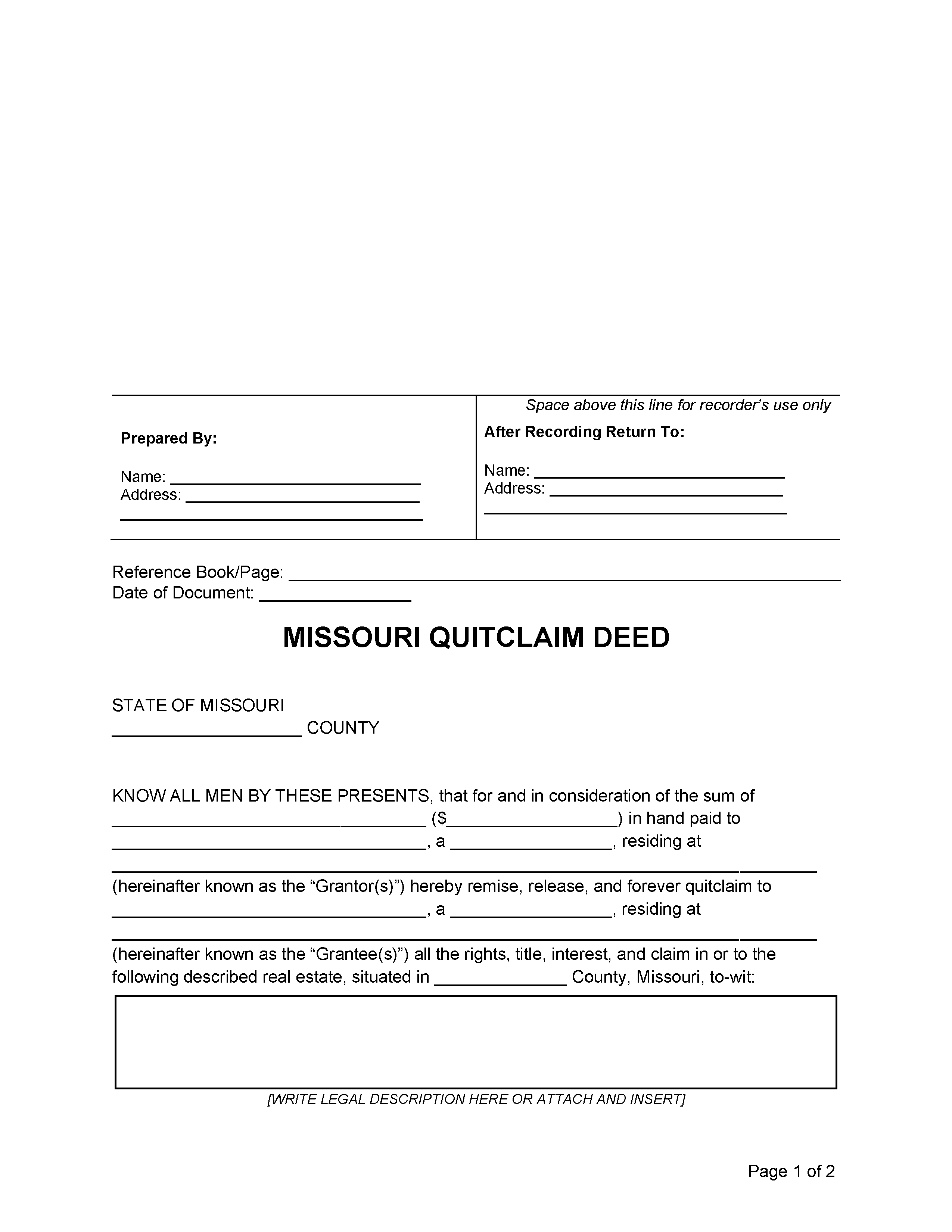 Free Missouri Quit Claim Deed Form PDF Word