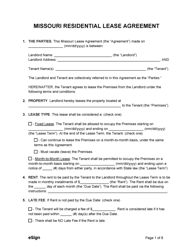 Free Missouri Rental Lease Agreement Templates (6) | PDF | Word