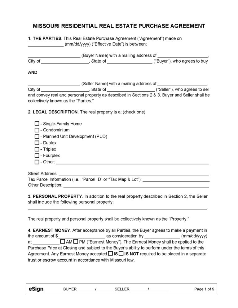 Free Missouri Residential Purchase And Sale Agreement PDF Word   Missouri Residential Real Estate Purchase Agreement 768x994 