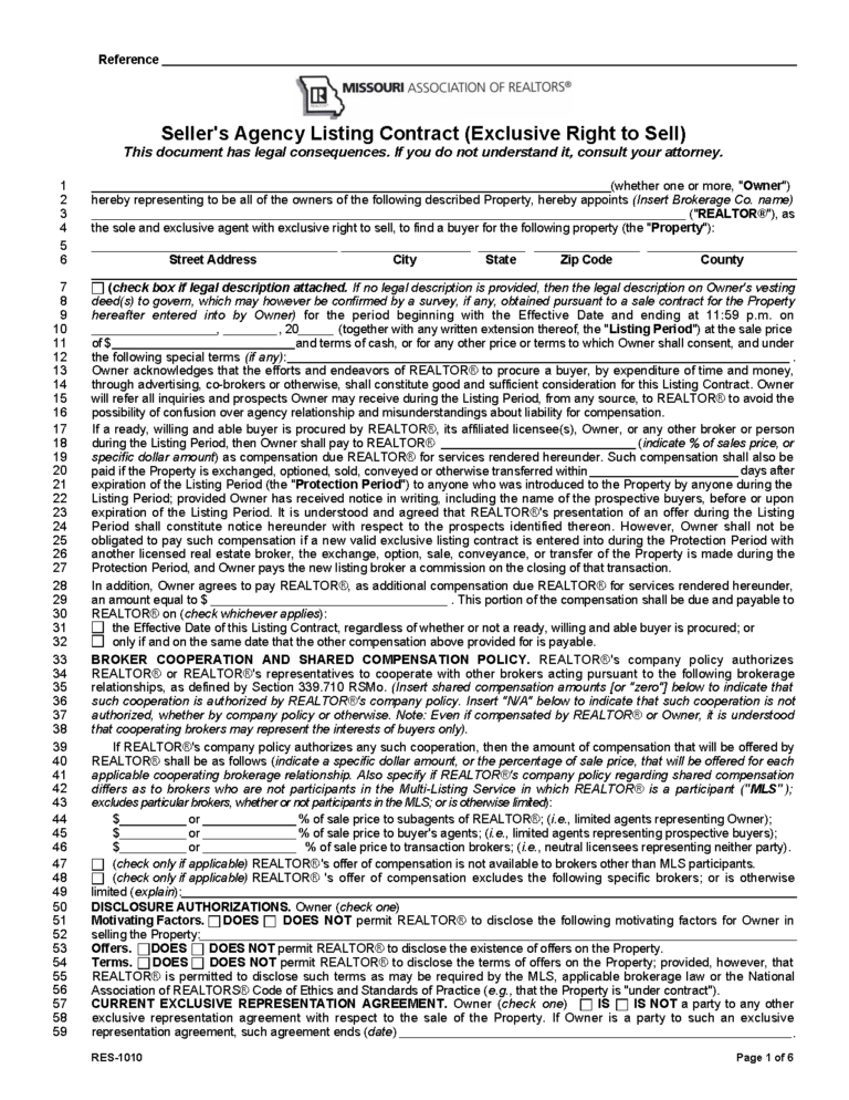 Free Missouri Real Estate Listing Agreement PDF Word