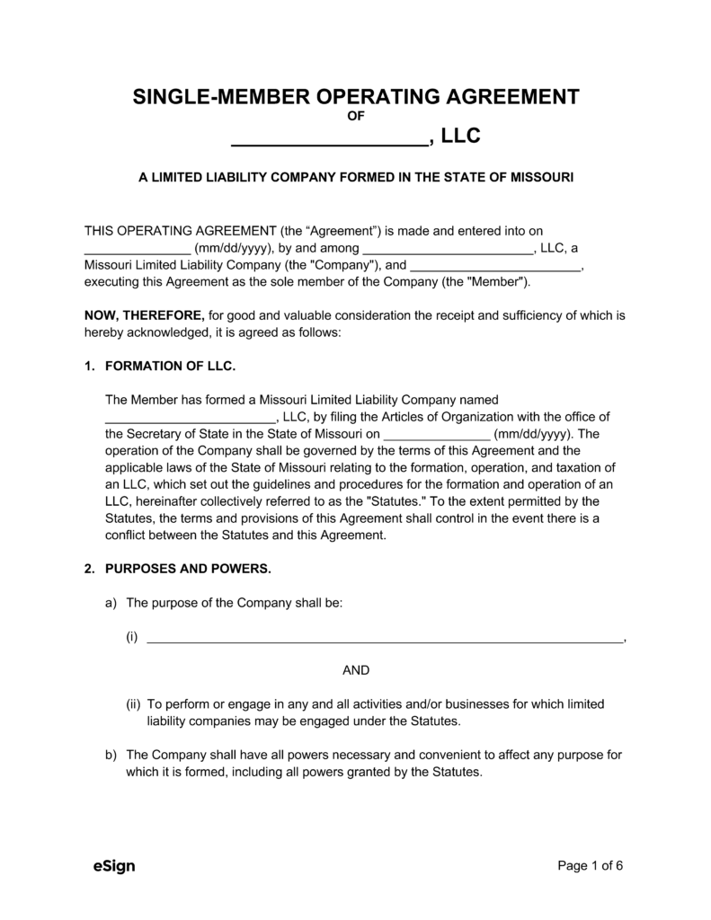 Free Missouri LLC Operating Agreement Template PDF Word