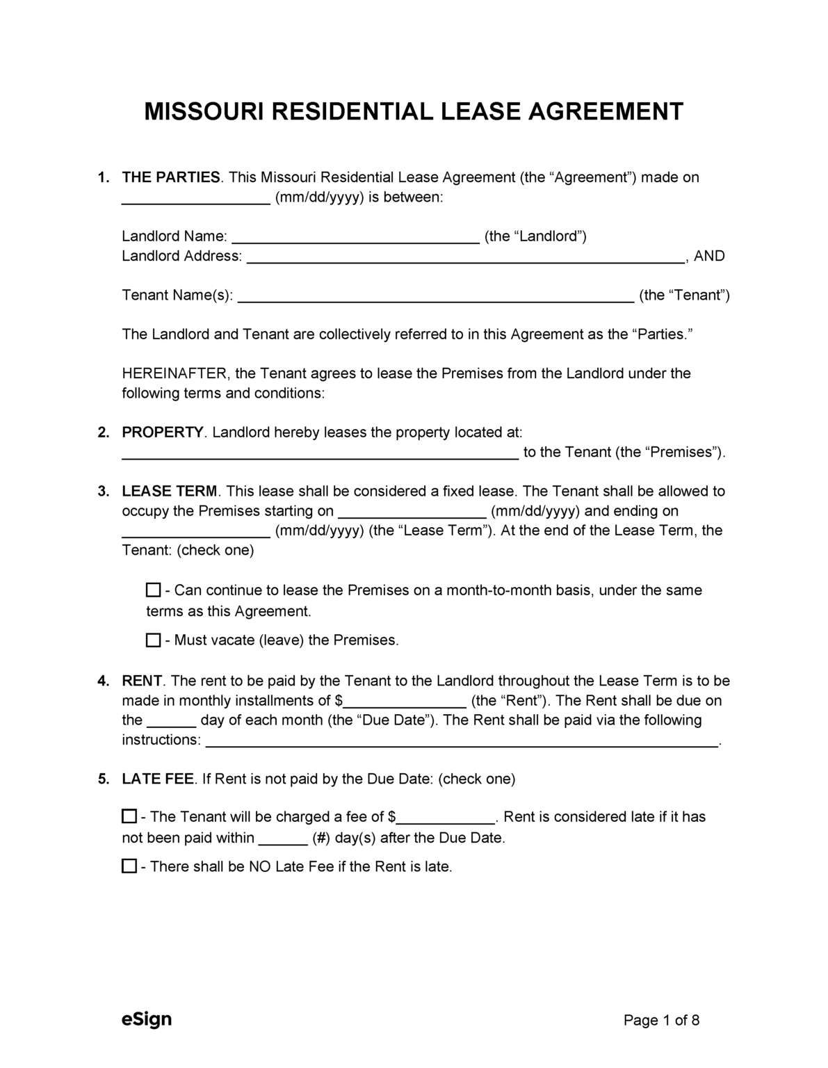 Free Missouri Standard Residential Lease Agreement Template | PDF | Word