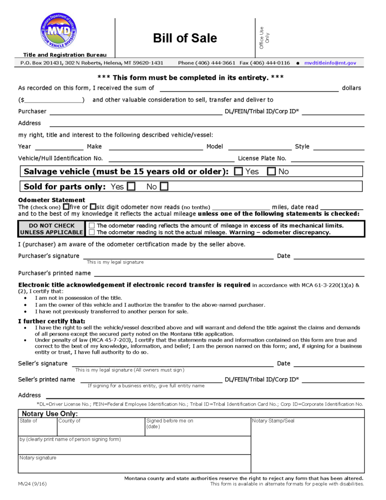 Free Montana Motor Vehicle Bill of Sale Form PDF