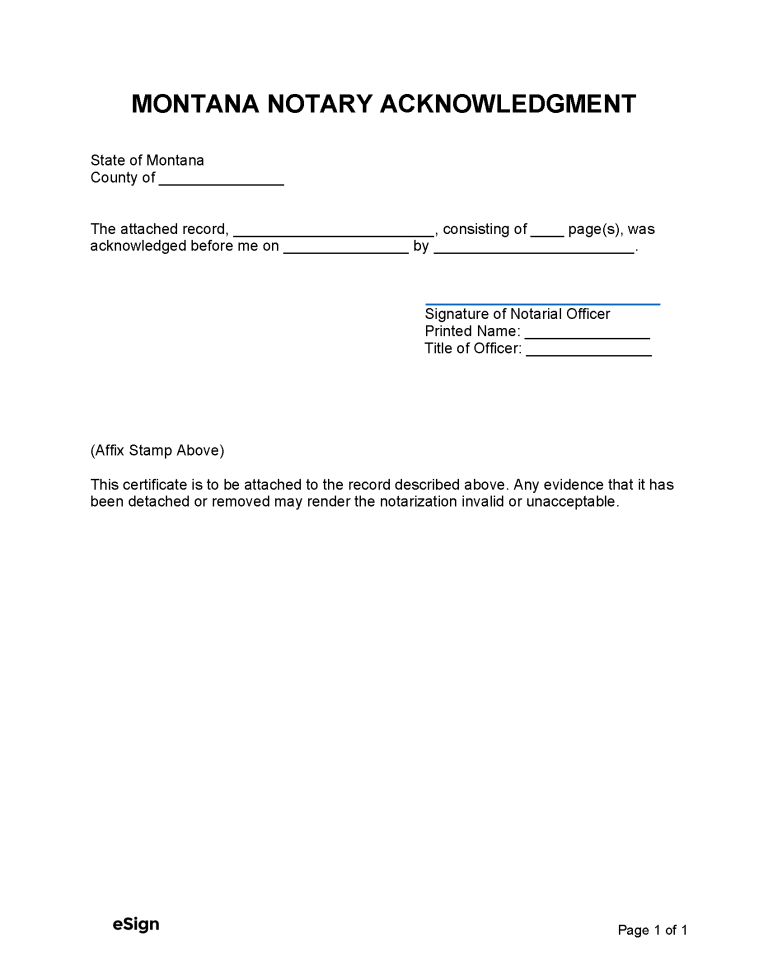 Free Montana Notary Acknowledgment Form | PDF | Word