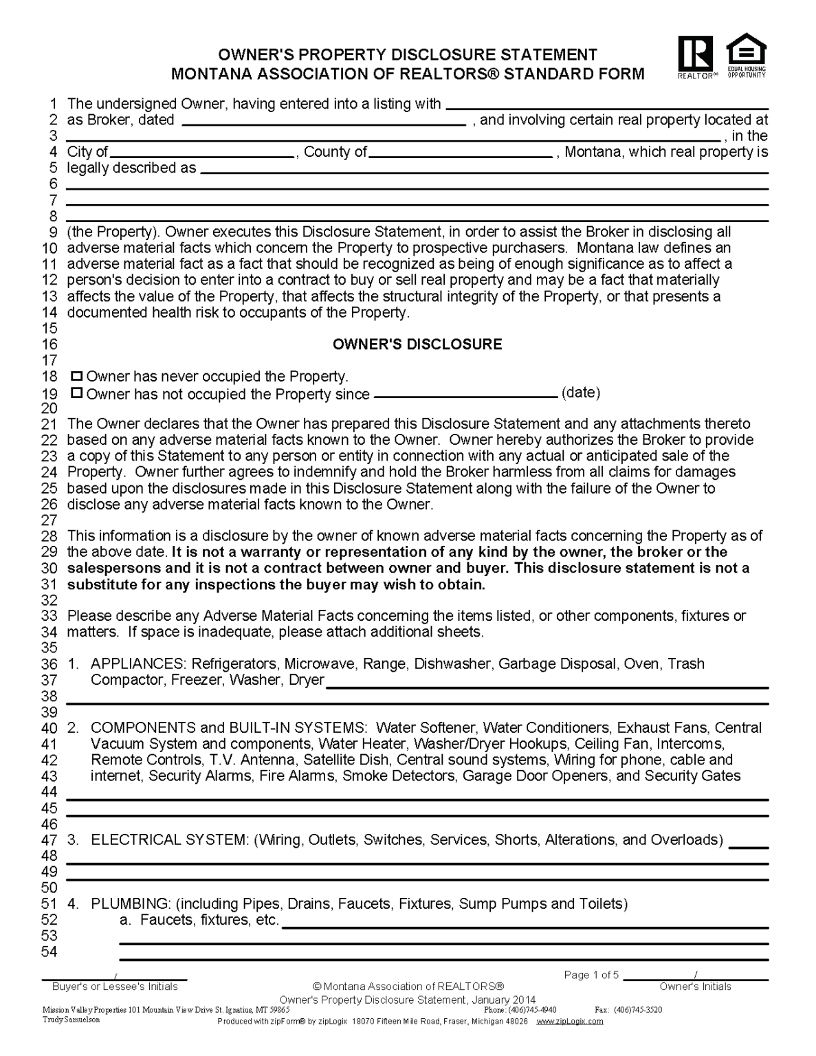 Free Montana Property Disclosure Statement PDF