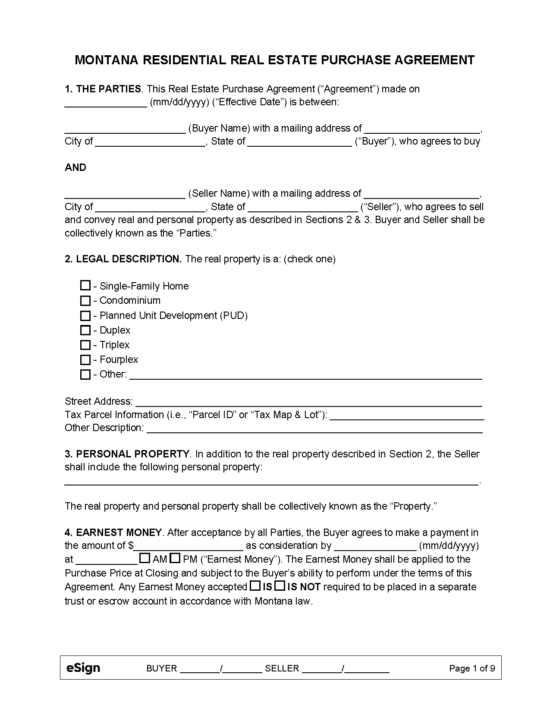 Free Montana Residential Purchase and Sale Agreement PDF Word