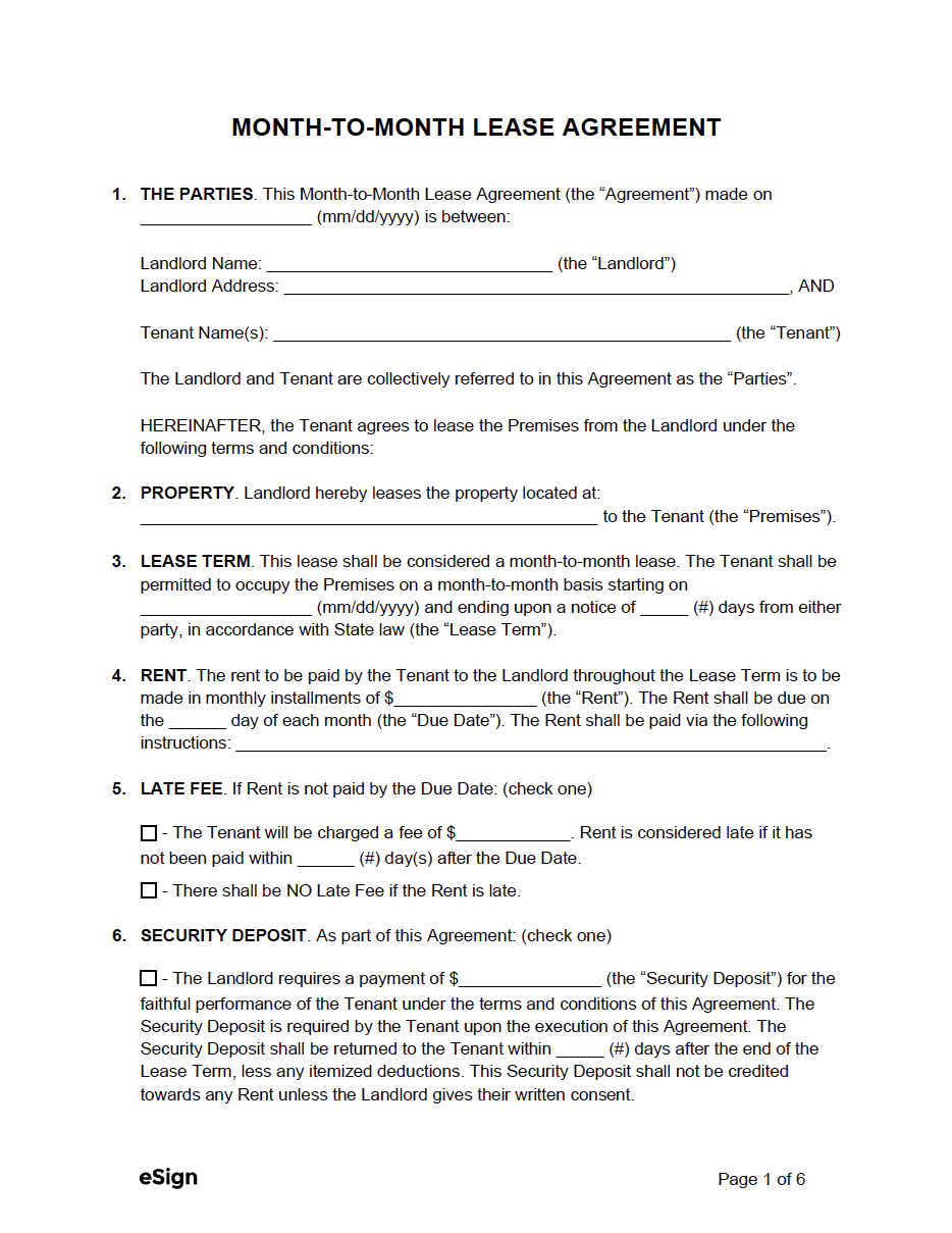 Free MonthtoMonth Lease Agreement Templates PDF Word