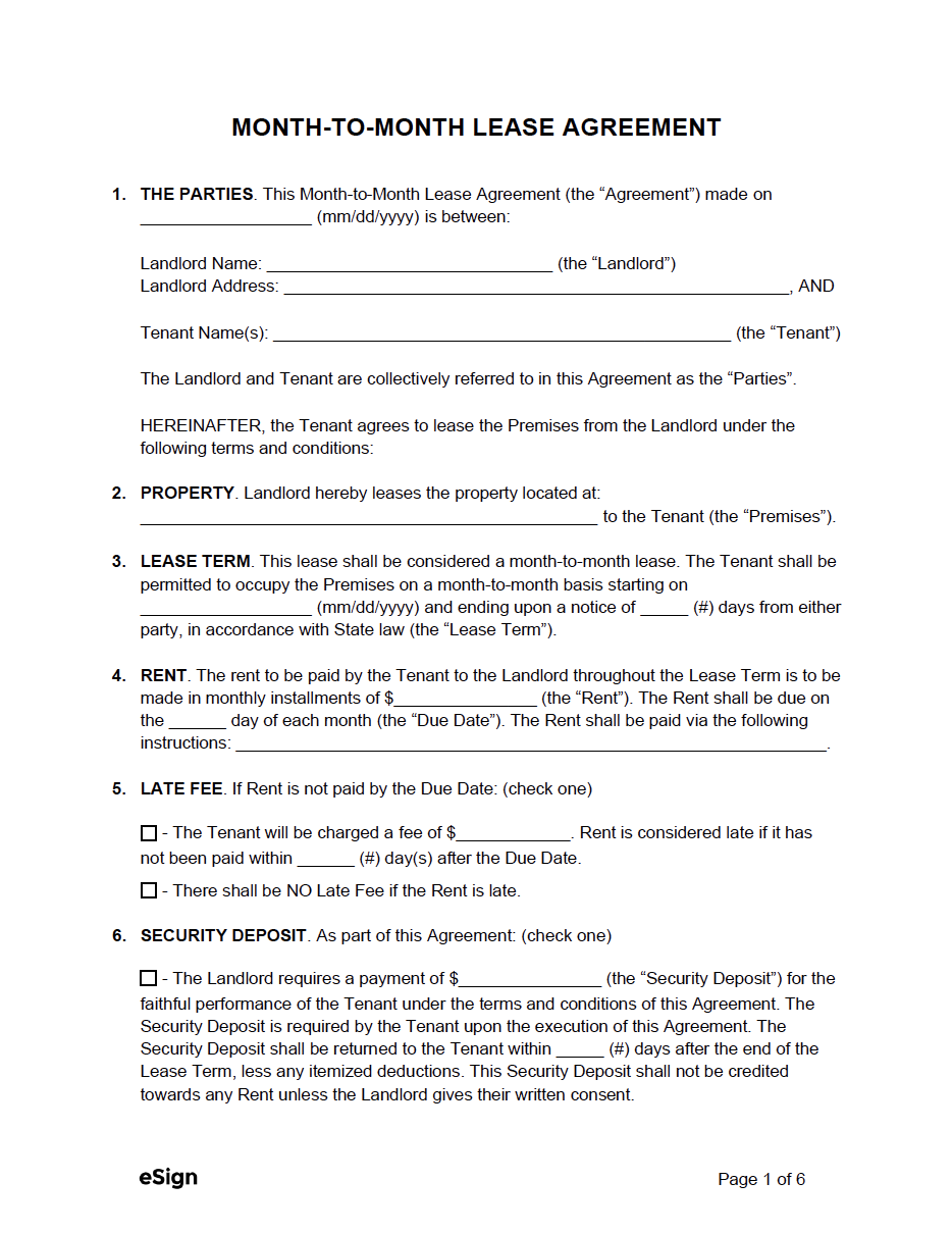 Month To Month Rental Agreement Free Template Printable Form