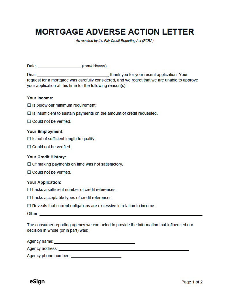 Free Mortgage Adverse Action Letter PDF Word