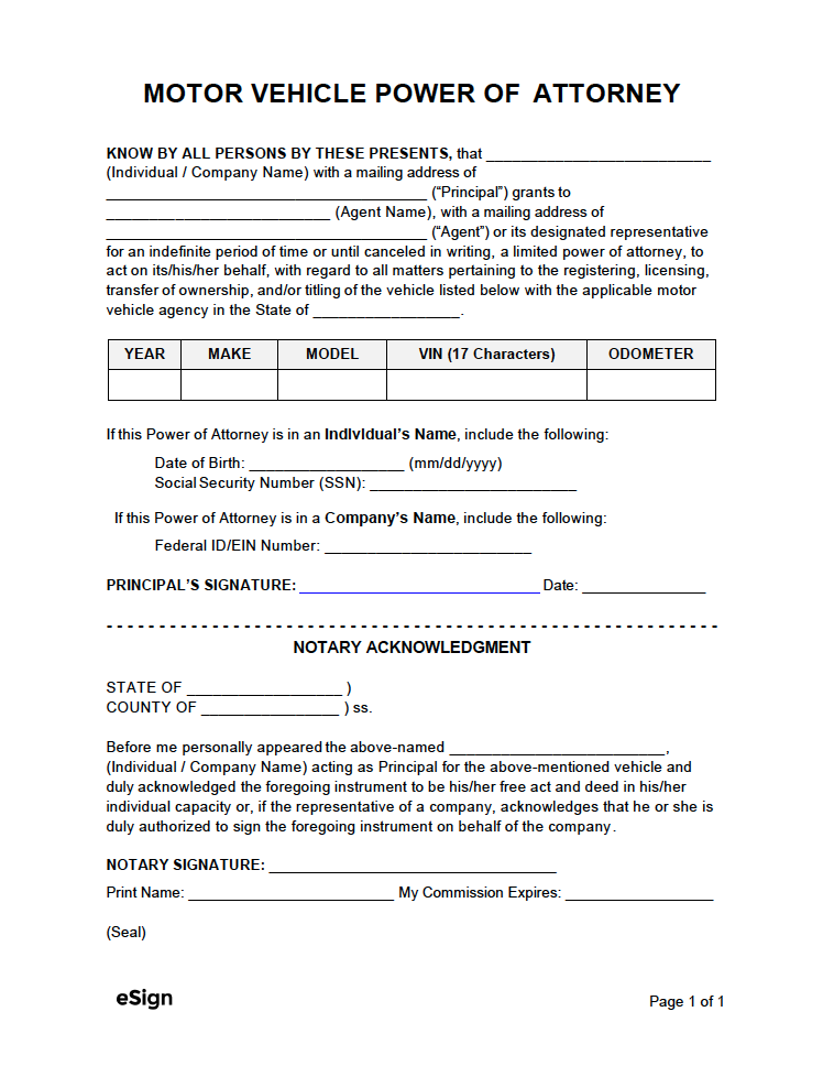 Free Vehicle Dmv Power Of Attorney Forms Pdf Word