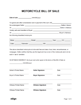 Free Motorcycle Bill Of Sale Form Pdf Word