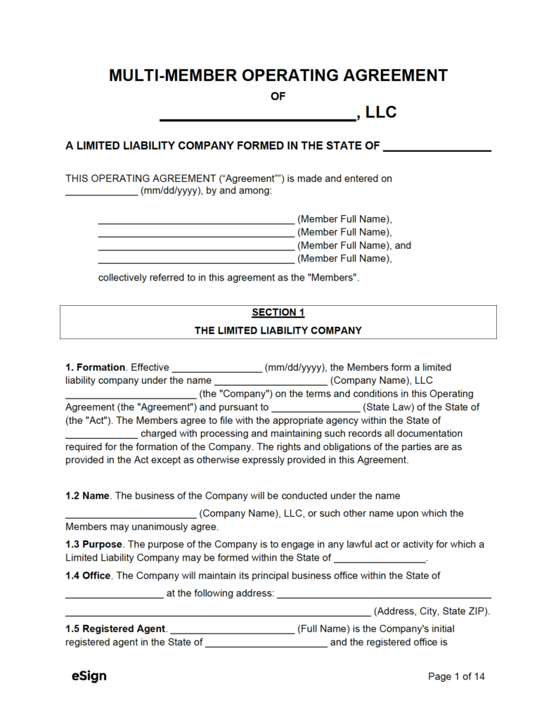 Free MultiMember LLC Operating Agreement Template PDF Word