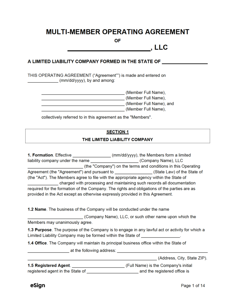 Multi Member Operating Agreement Template