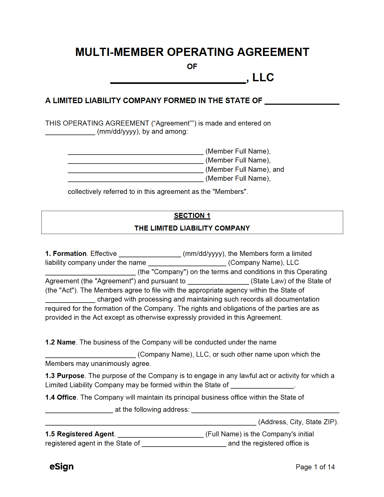 Free LLC Operating Agreement Template PDF Word